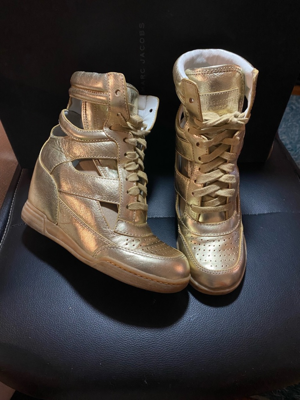 Marc By Marc Jacobs Metallic Gold Cut-Out Wedge High-Top Sneakers Size 6